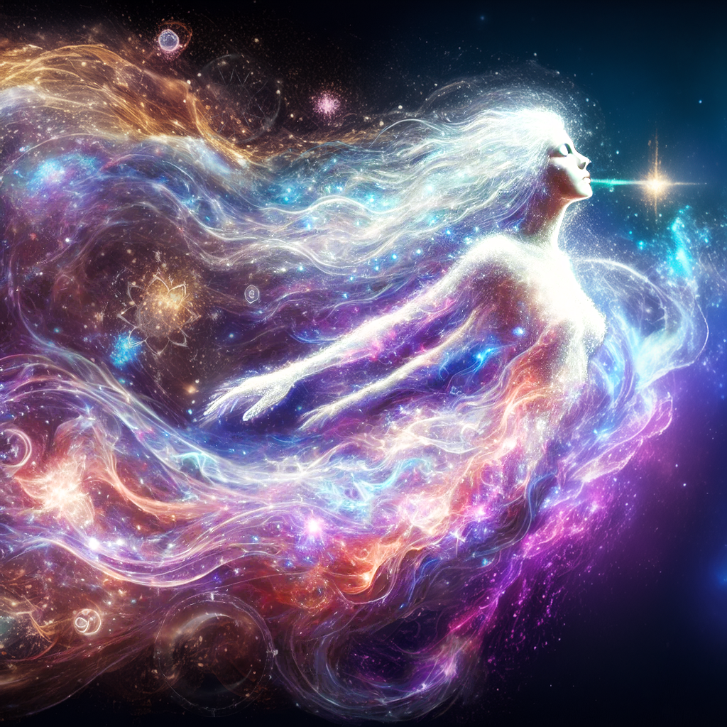 Artistic depiction of a person with cosmic, multicolored hair against a starry space background