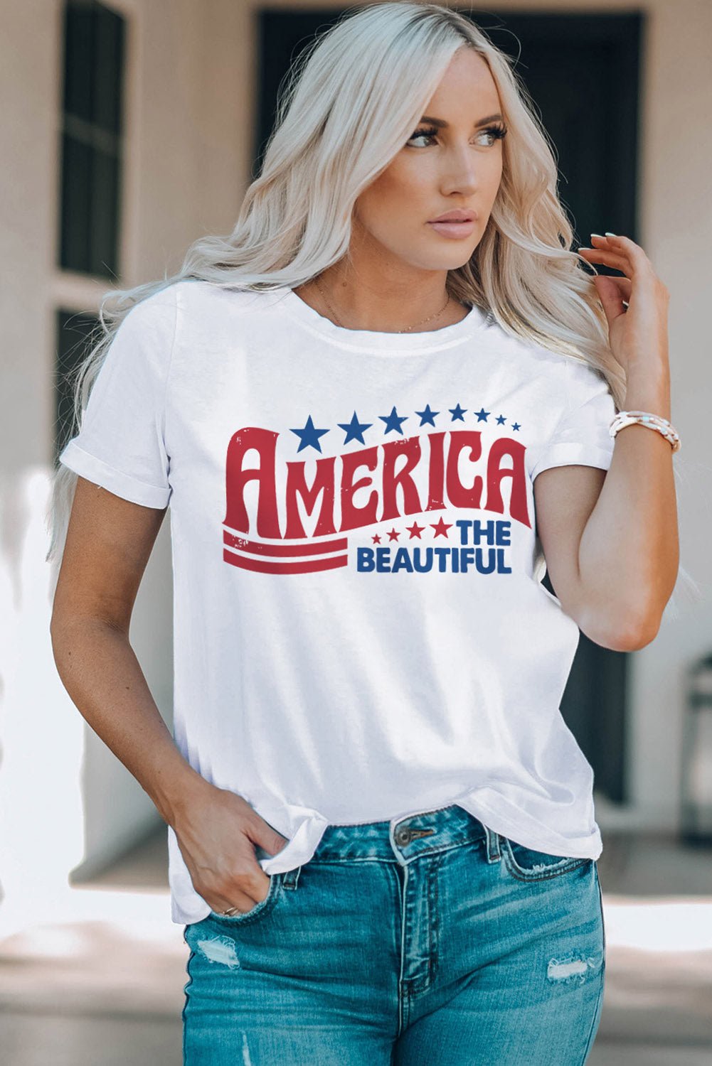 AMERICA THE BEAUTIFUL Graphic Round Neck Tee - OMG! Rose