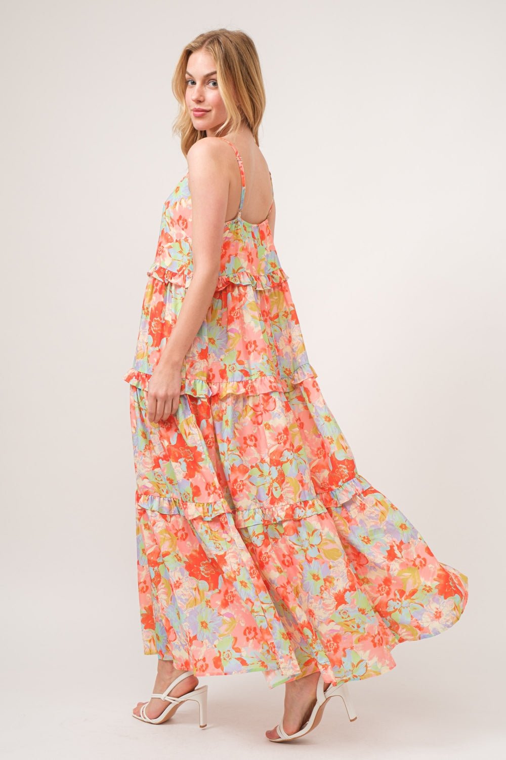 And The Why Floral Ruffled Tiered Maxi Adjustable Strap Cami Dress - OMG! Rose