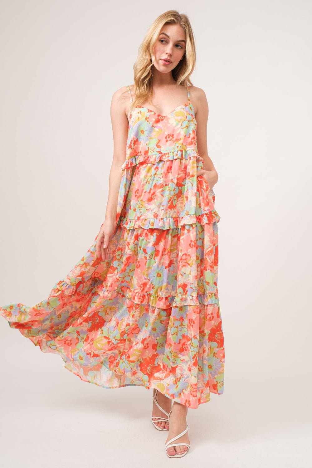 And The Why Floral Ruffled Tiered Maxi Adjustable Strap Cami Dress - OMG! Rose