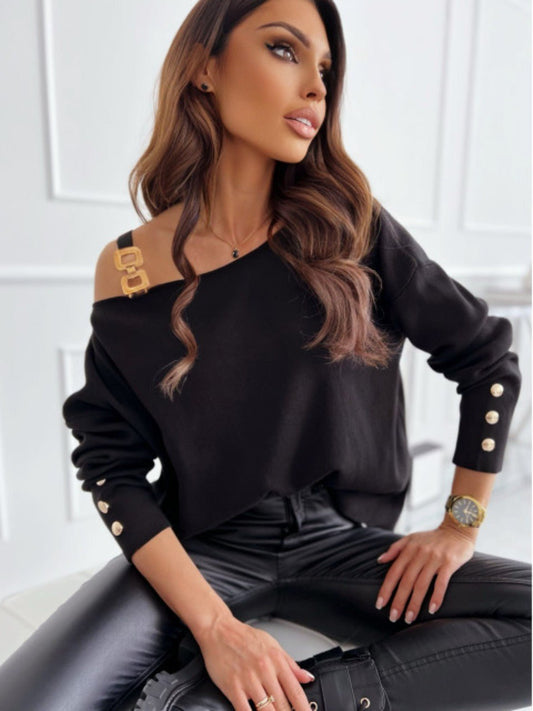 Asymmetrical Neck Buttoned Top - OMG! Rose