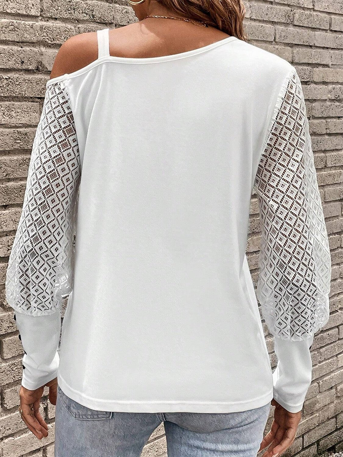 Asymmetrical Neck Lace Long Sleeve T-Shirt - OMG! Rose