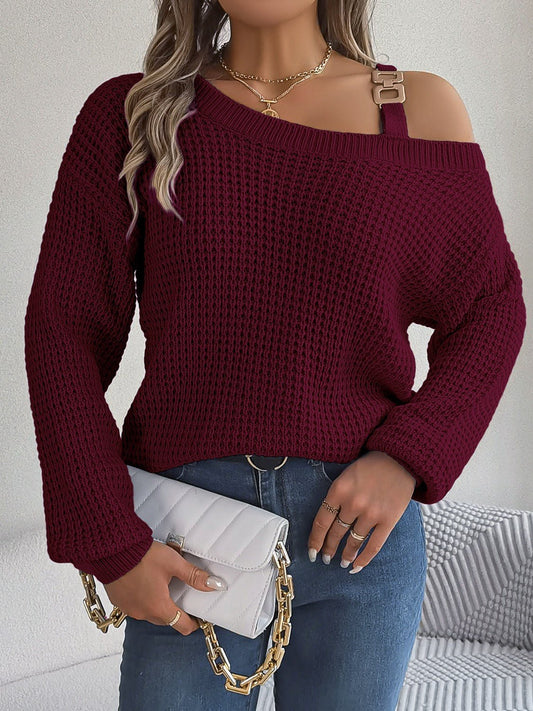 Asymmetrical Neck Long Sleeve Sweater - OMG! Rose