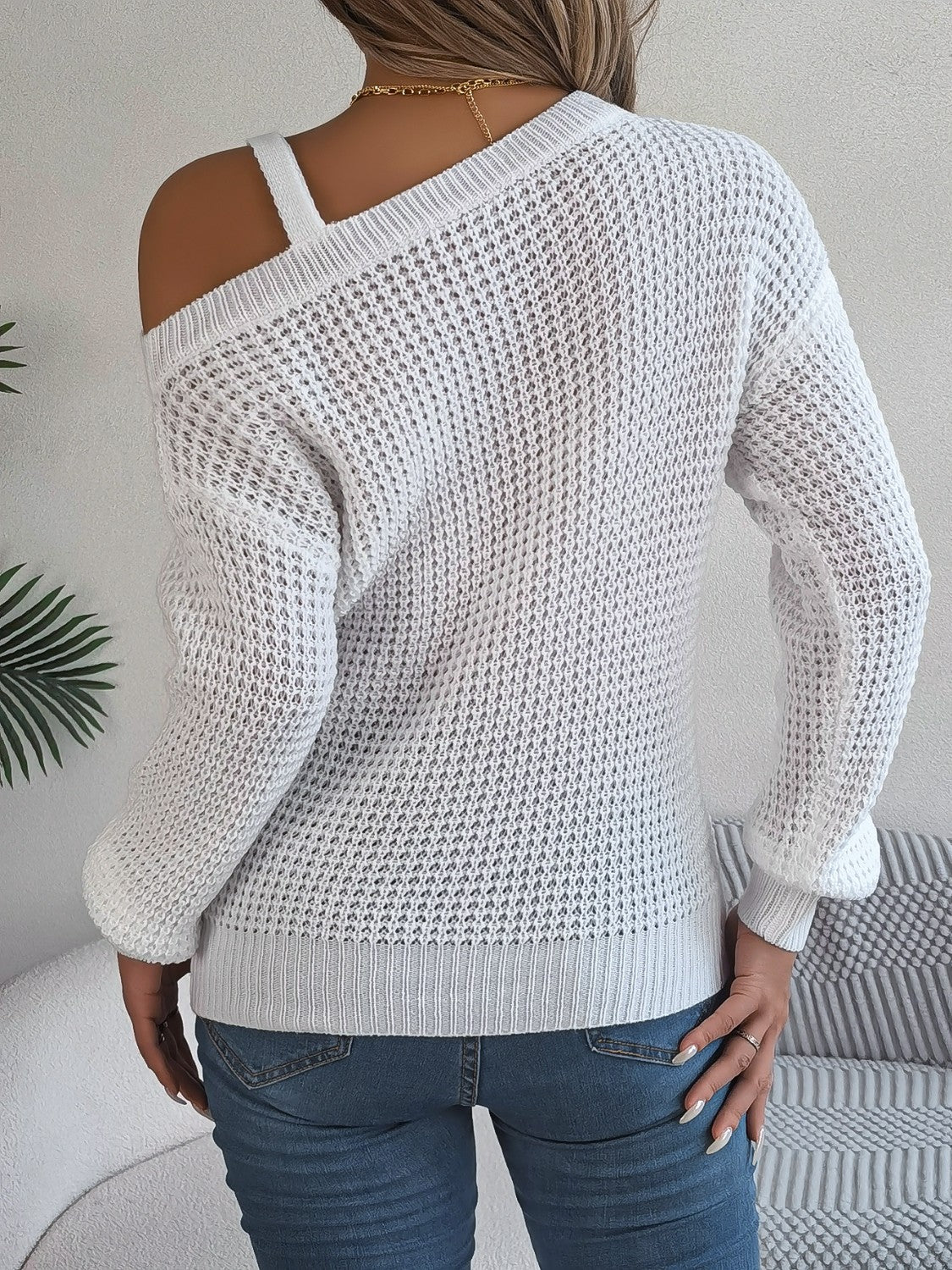Asymmetrical Neck Long Sleeve Sweater - OMG! Rose