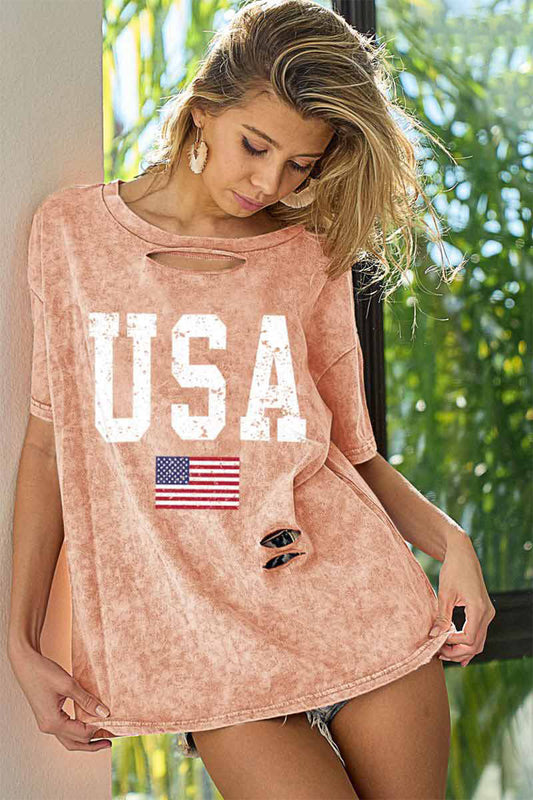 BiBi Washed American Flag Graphic Distressed T-Shirt - OMG! Rose