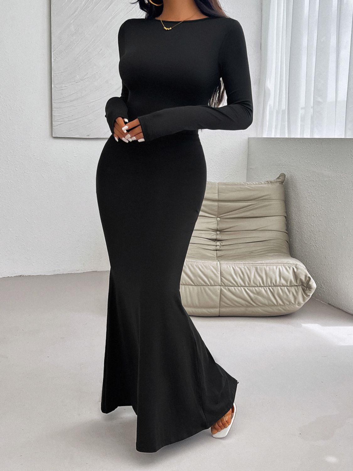 Backless Round Neck Long Sleeve Maxi Dress - OMG! Rose