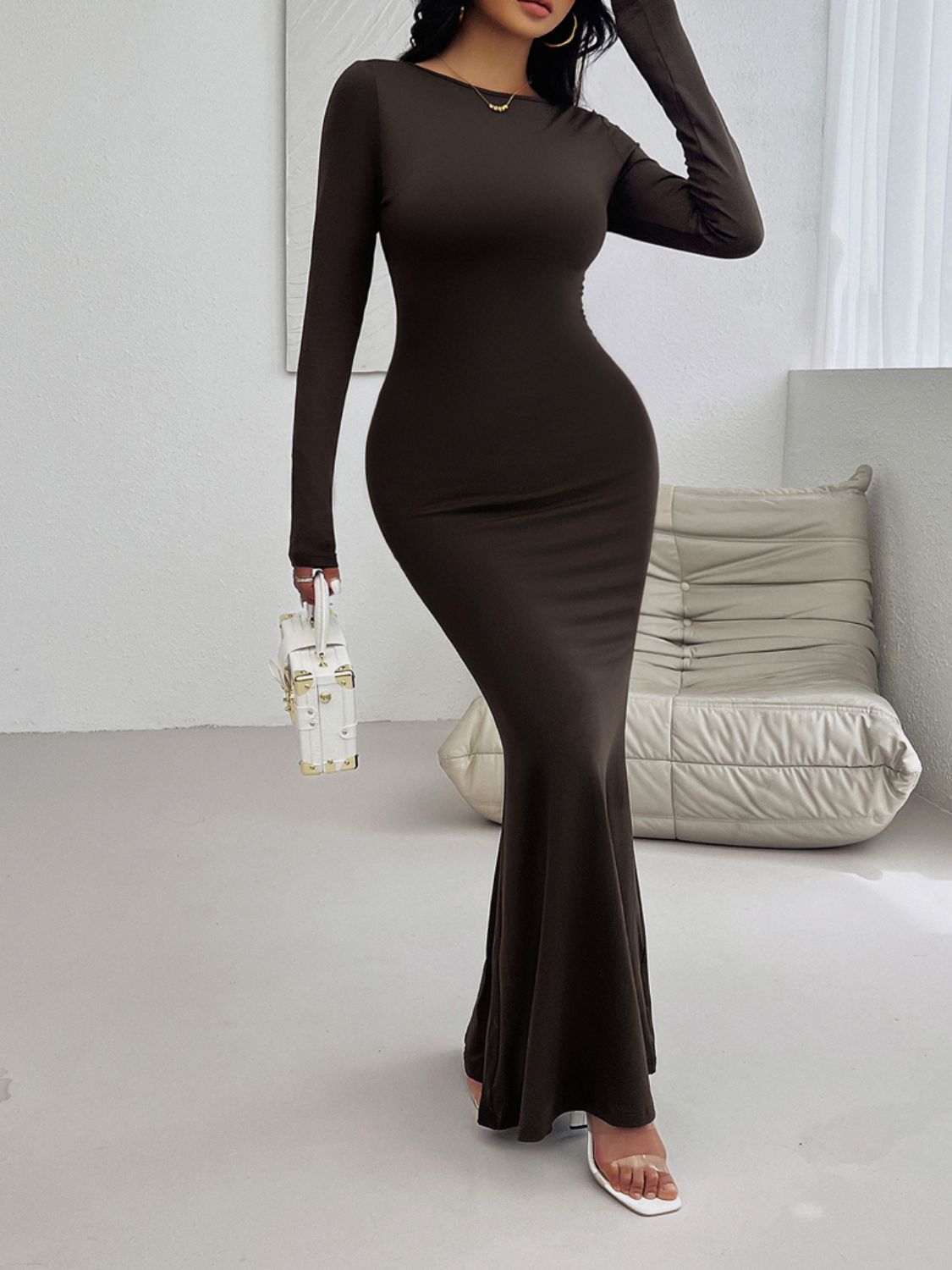 Backless Round Neck Long Sleeve Maxi Dress - OMG! Rose