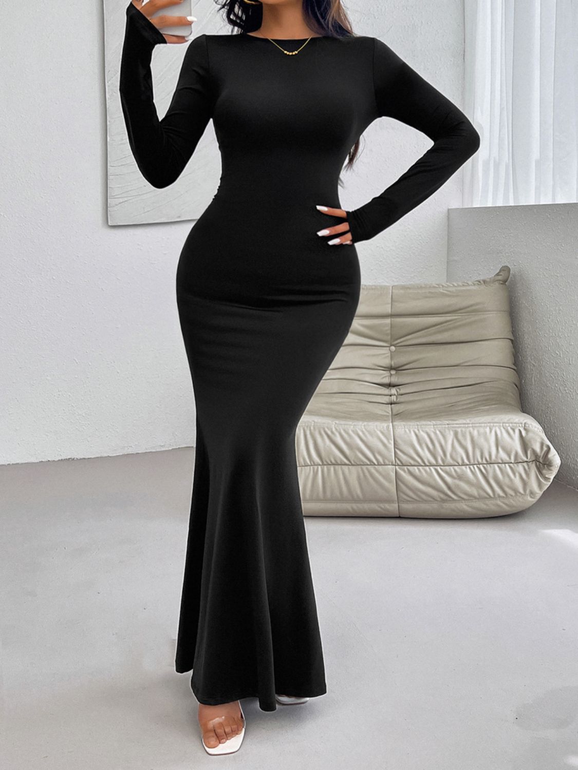 Backless Round Neck Long Sleeve Maxi Dress - OMG! Rose