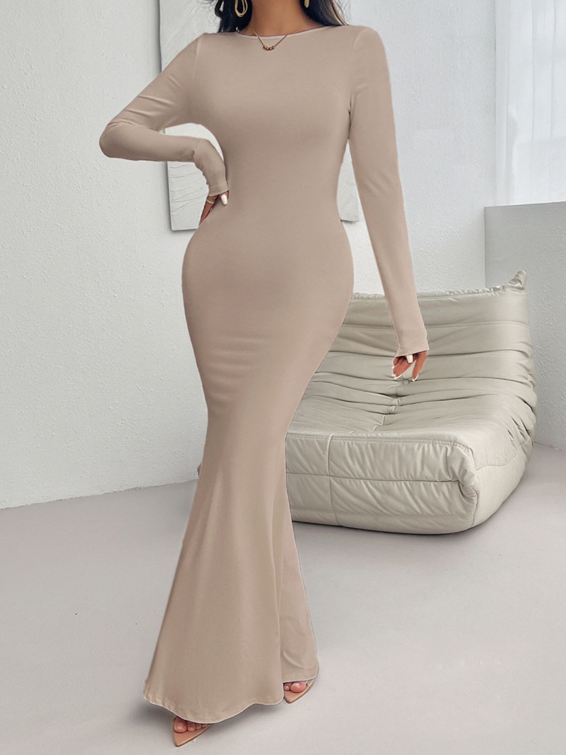 Backless Round Neck Long Sleeve Maxi Dress - OMG! Rose