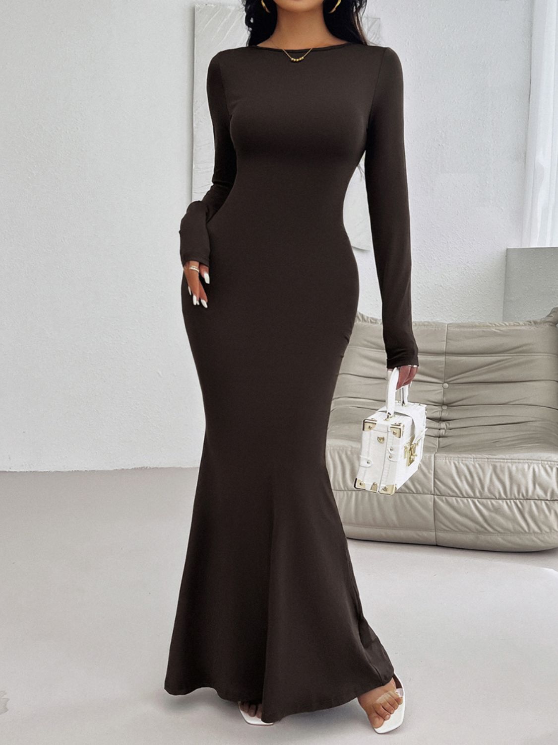 Backless Round Neck Long Sleeve Maxi Dress - OMG! Rose