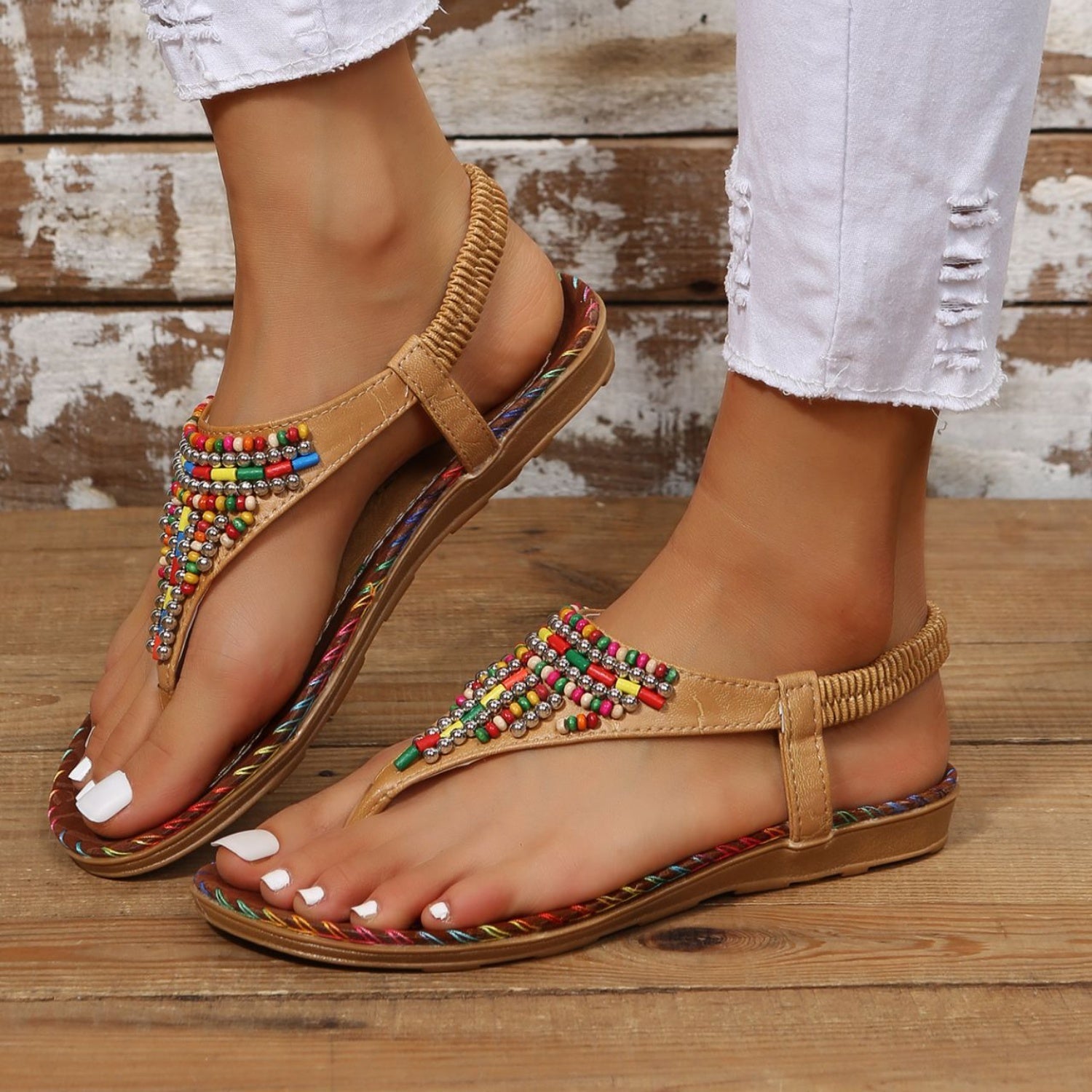 Beaded PU Leather Open Toe Sandals - OMG! Rose