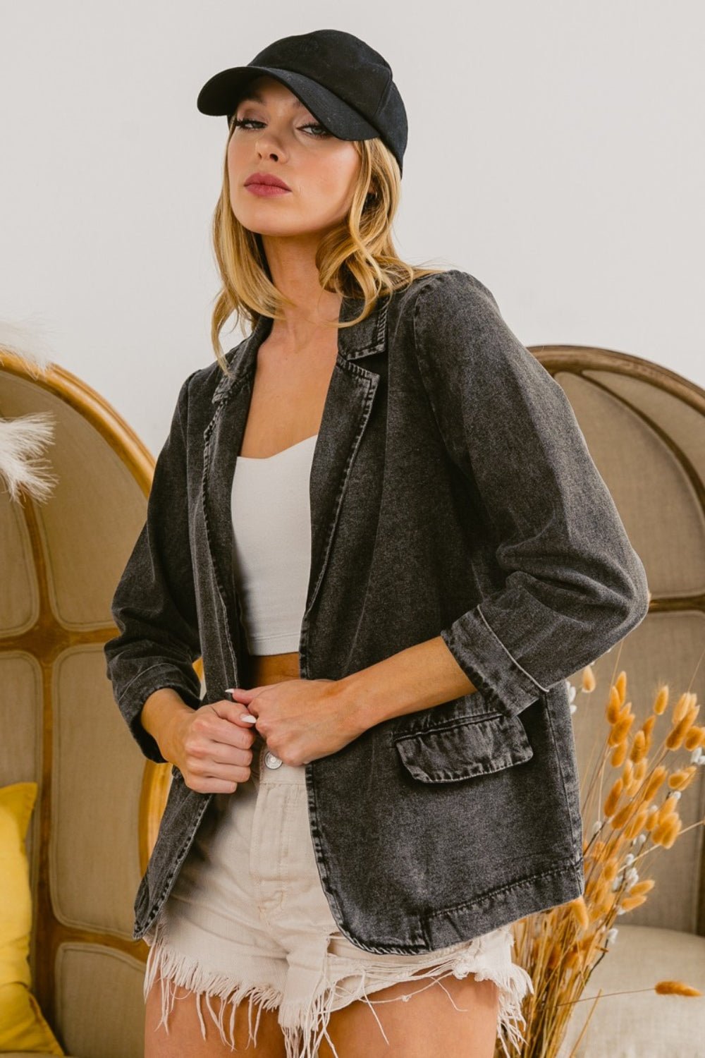 BiBi Single Breasted Washed Denim Blazer - OMG! Rose