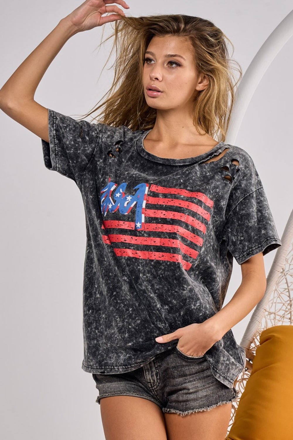 BiBi US Flag Washed Laser Cut T-Shirt - OMG! Rose