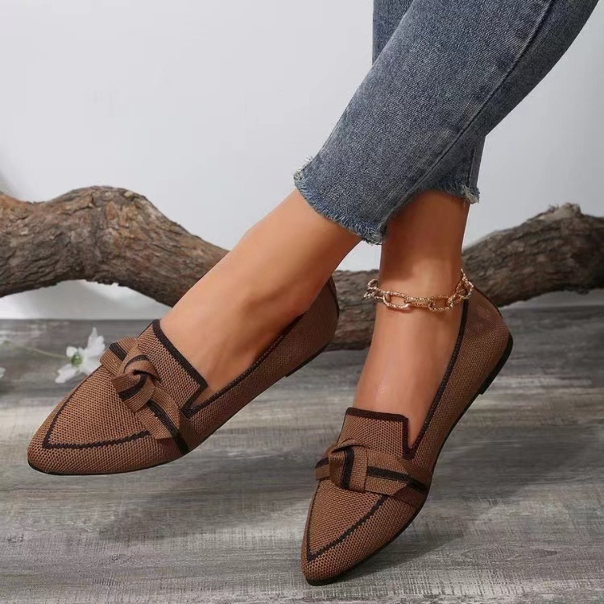 Bow Contrast Trim Point Toe Loafers - OMG! Rose