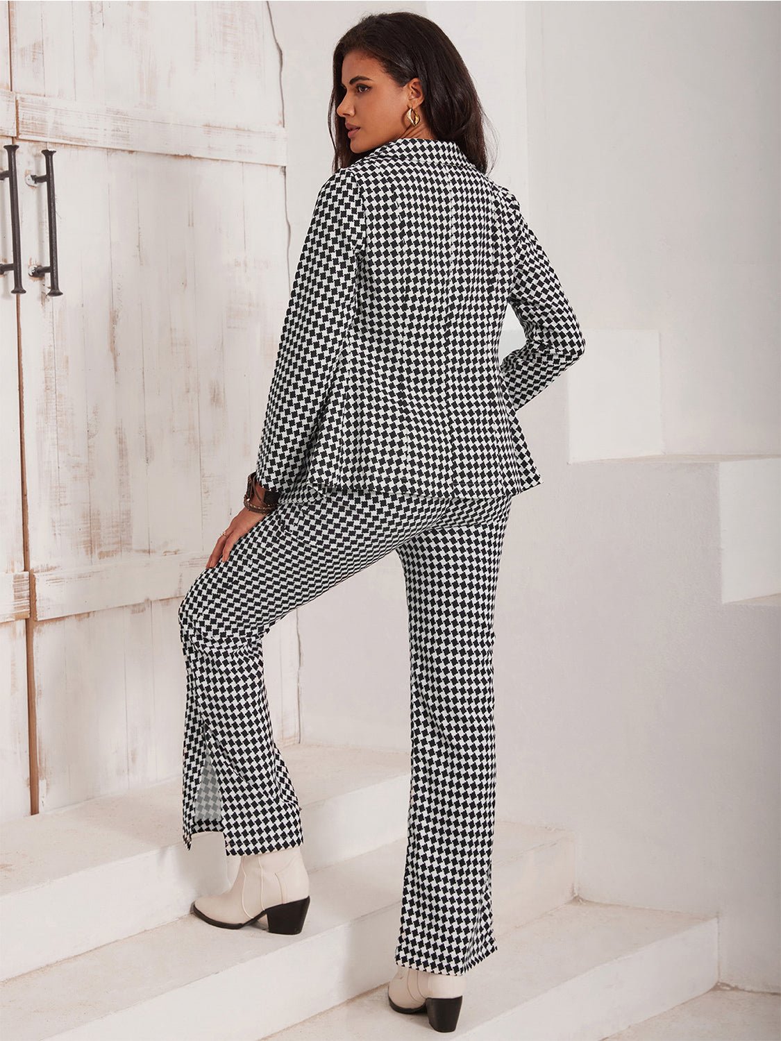 Checkered Blazer & Slit Pants Set - OMG! Rose