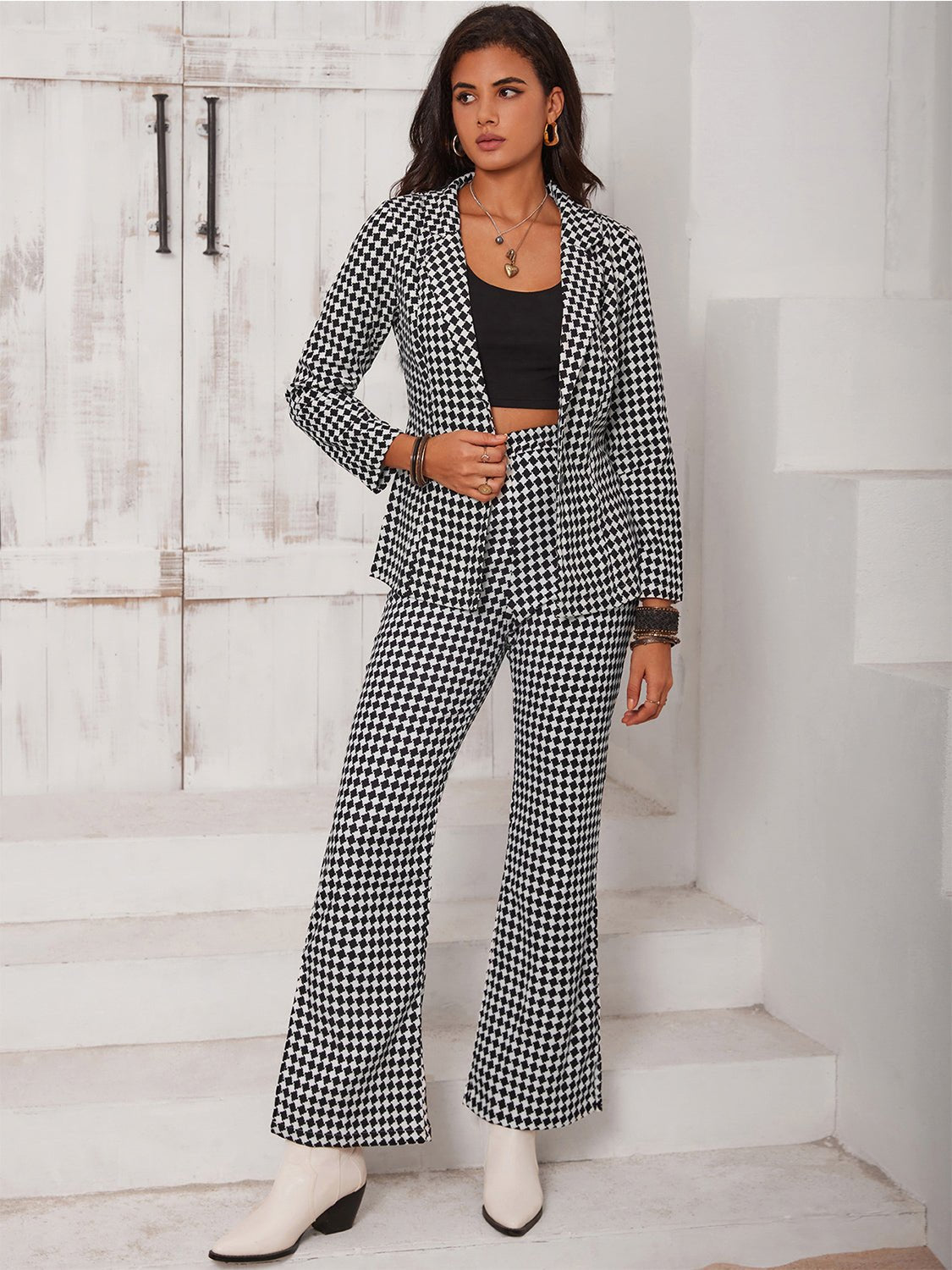 Checkered Blazer & Slit Pants Set - OMG! Rose