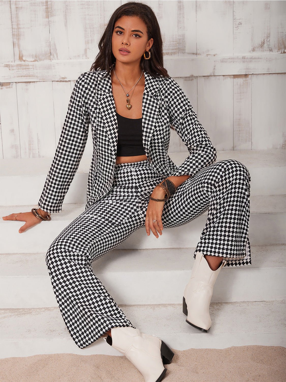 Checkered Blazer & Slit Pants Set - OMG! Rose