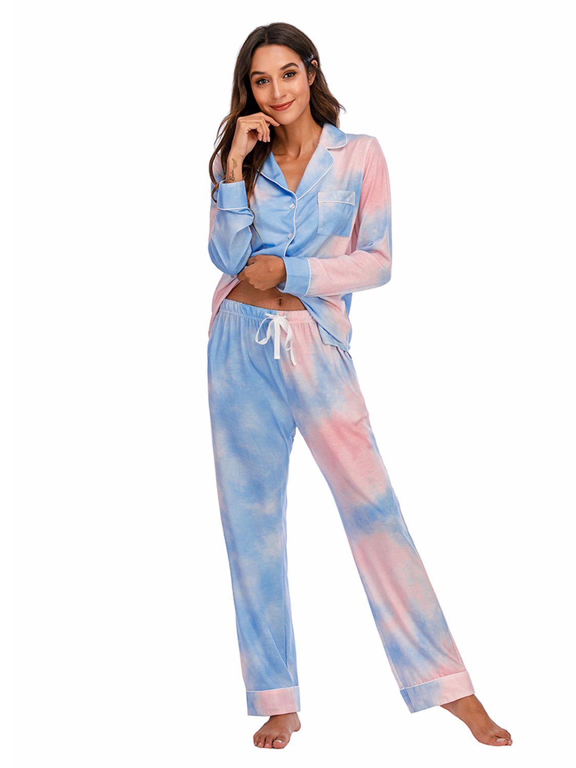 Collared Neck Long Sleeve Loungewear Set with Pockets - OMG! Rose