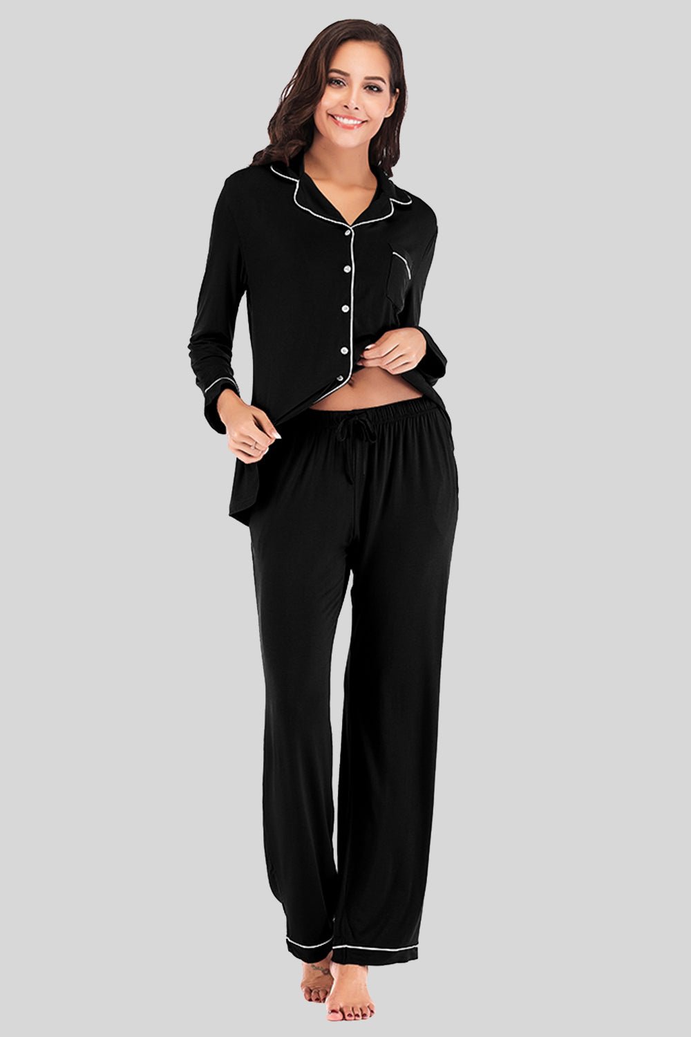 Collared Neck Long Sleeve Loungewear Set with Pockets - OMG! Rose