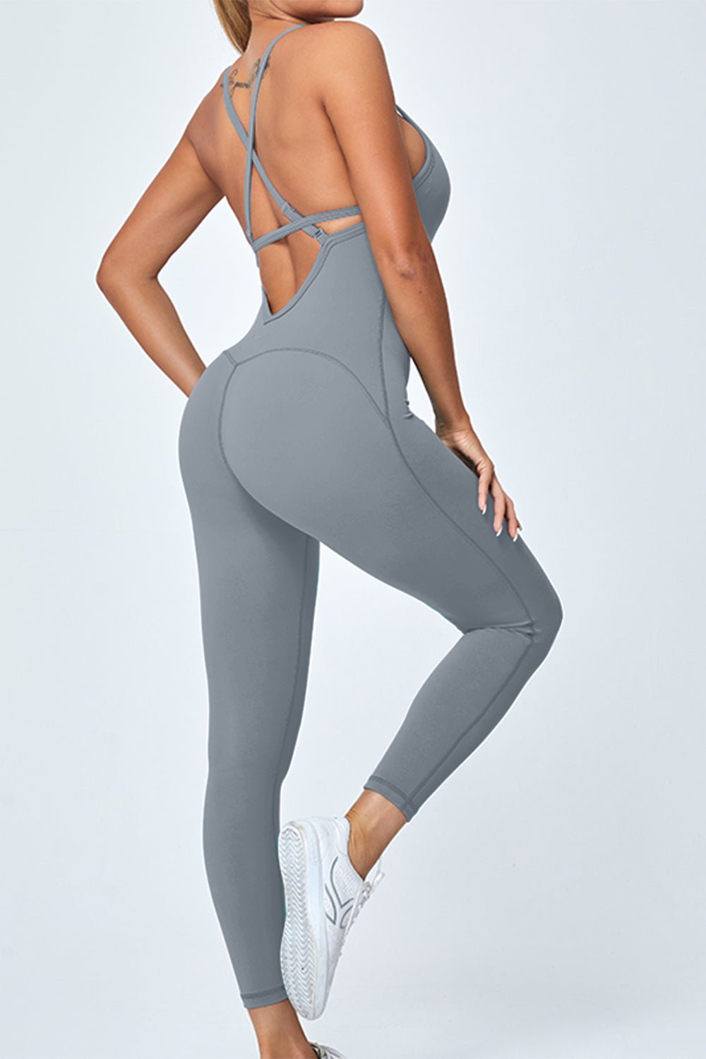 Crisscross Spaghetti Strap Active Jumpsuit - OMG! Rose