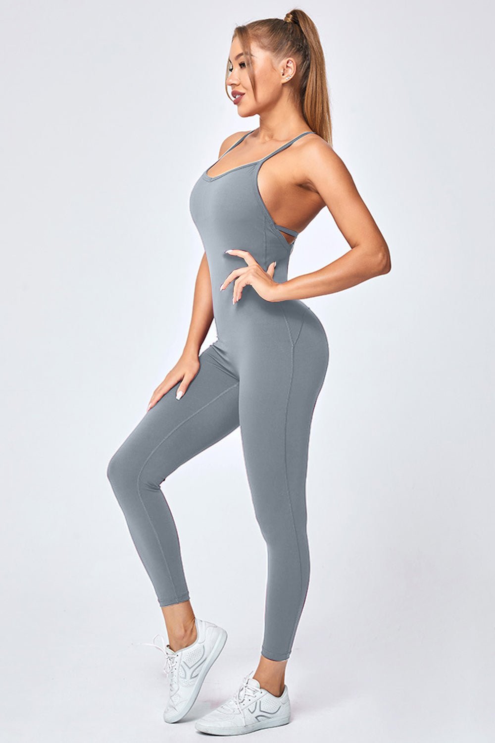 Crisscross Spaghetti Strap Active Jumpsuit - OMG! Rose