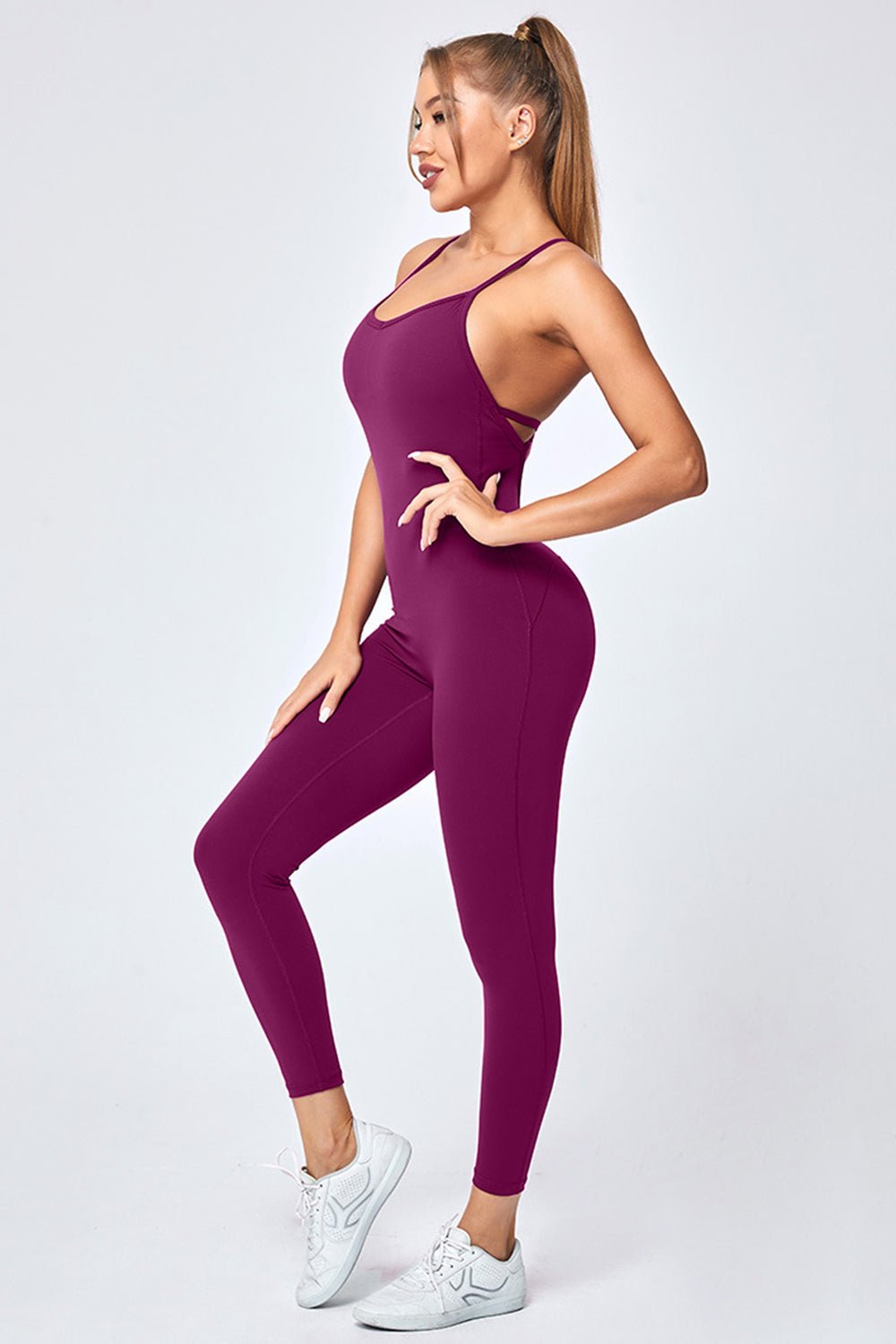 Crisscross Spaghetti Strap Active Jumpsuit - OMG! Rose