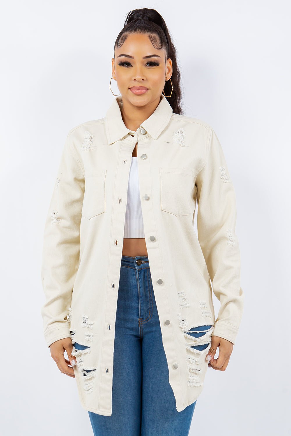 Distressed Button Up Long Sleeve Denim Jacket - OMG! Rose