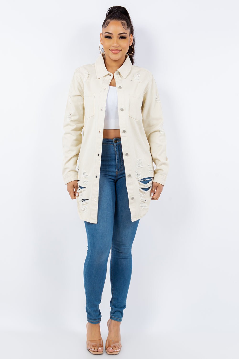 Distressed Button Up Long Sleeve Denim Jacket - OMG! Rose