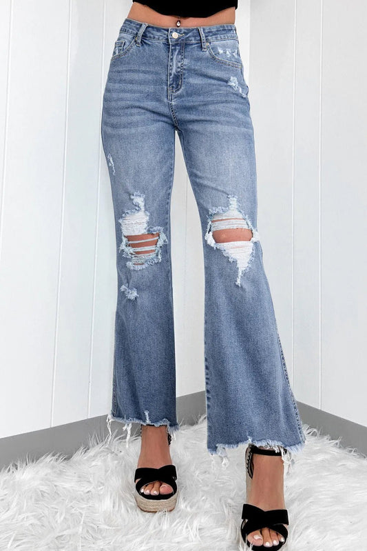 Distressed Raw Hem Bootcut Jeans - OMG! Rose