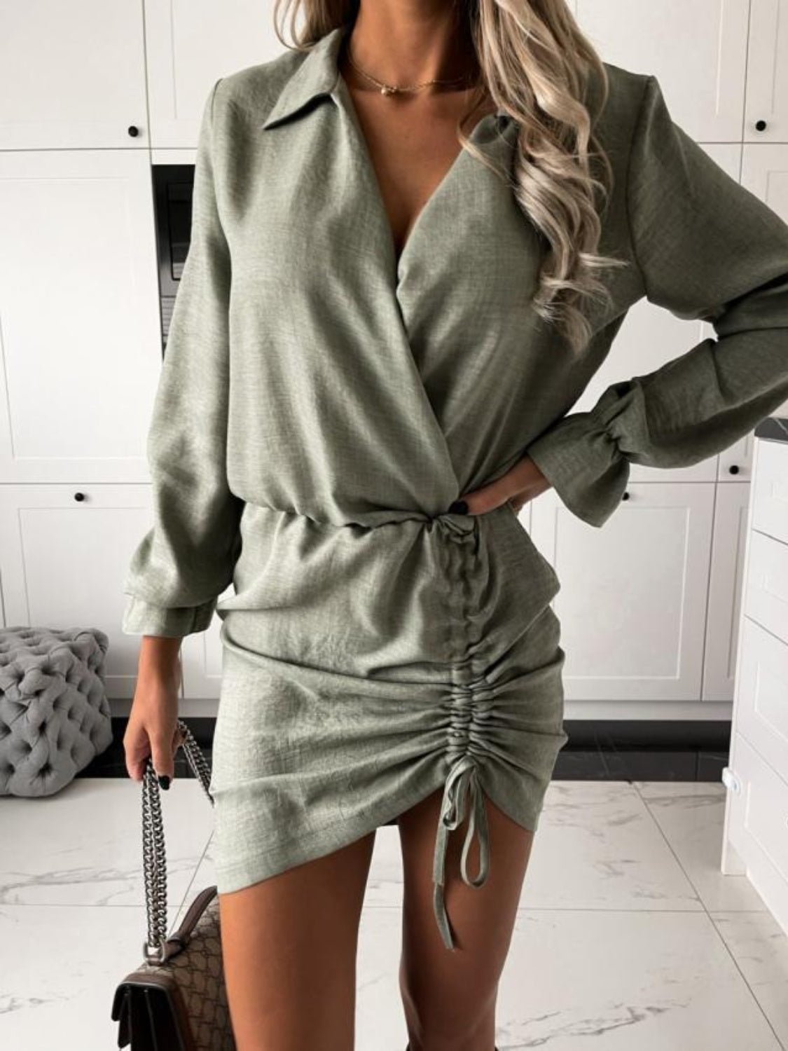 Drawstring Long Sleeve Mini Dress - OMG! Rose