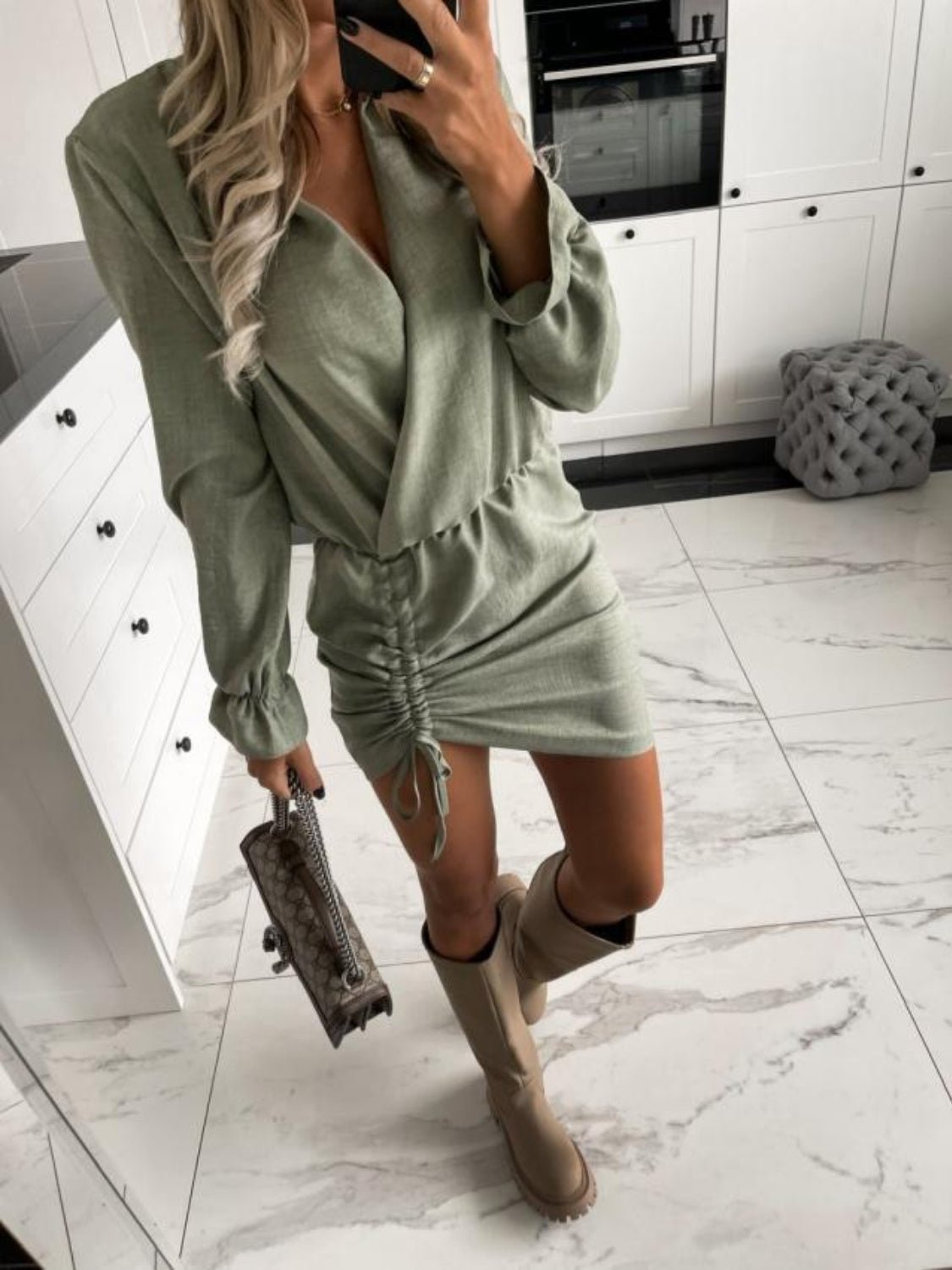 Drawstring Long Sleeve Mini Dress - OMG! Rose