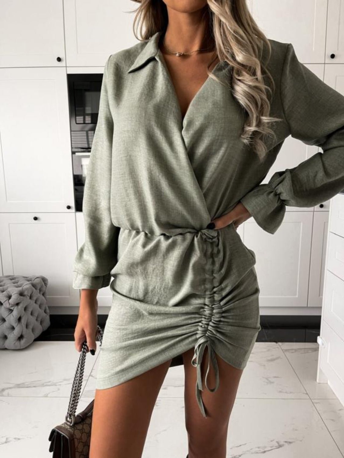 Drawstring Long Sleeve Mini Dress - OMG! Rose