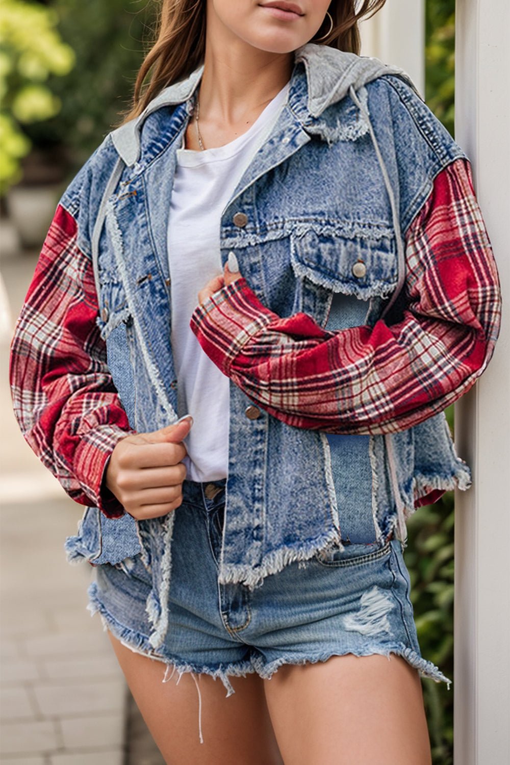 Drawstring Plaid Denim Jacket - OMG! Rose