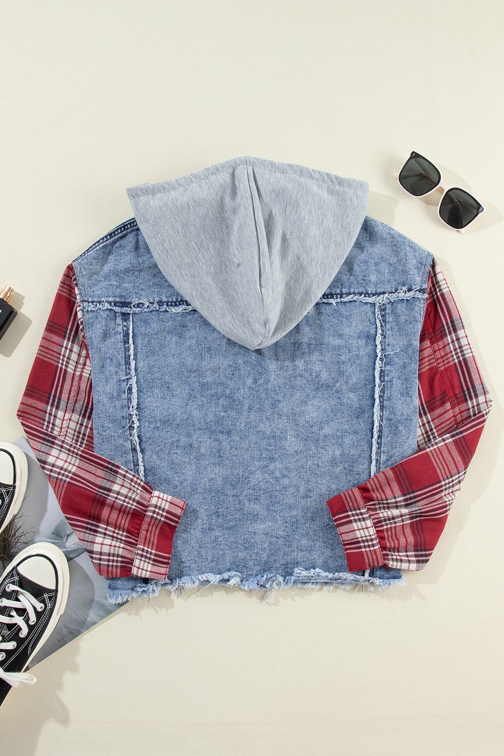 Drawstring Plaid Denim Jacket - OMG! Rose