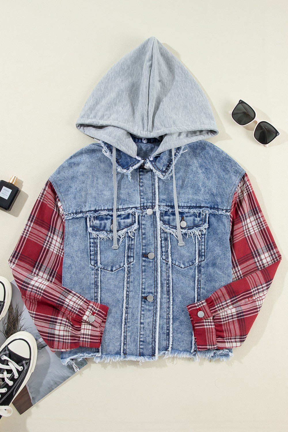 Drawstring Plaid Denim Jacket - OMG! Rose