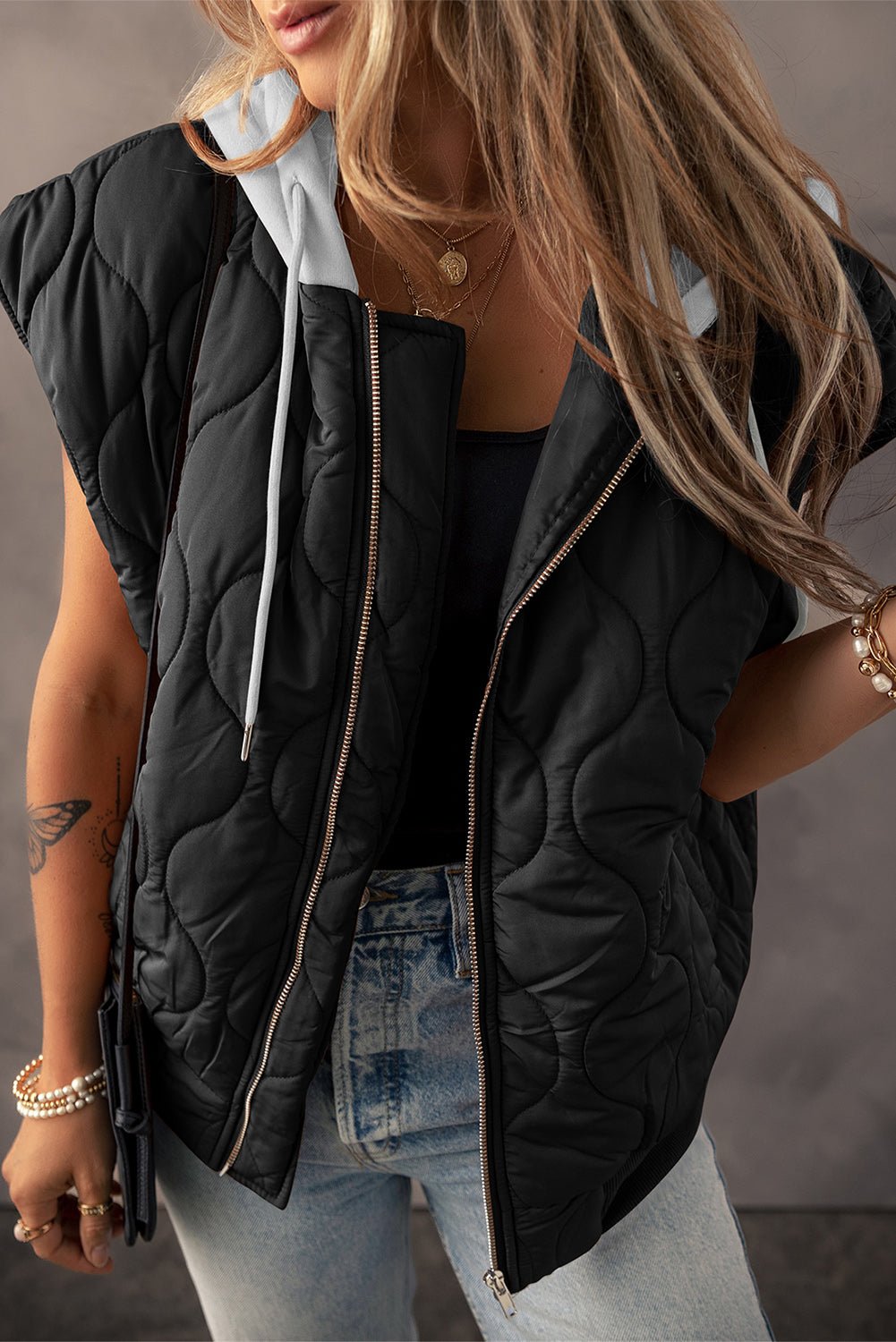 Drawstring Zip Up Hooded Vest Coat - OMG! Rose