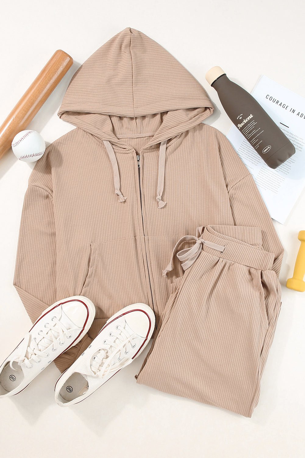 Drawstring Zip Up Hoodie and Pants Active Set - OMG! Rose