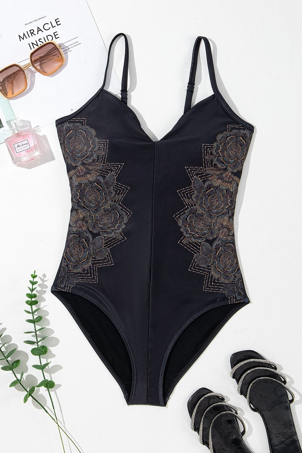 Embroidered V-Neck One-Piece Swimwear - OMG! Rose