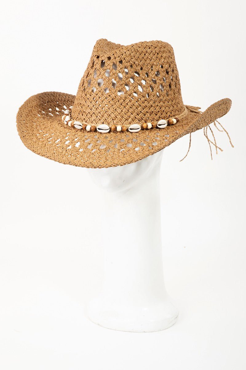 Fame Cowrie Shell Beaded String Straw Hat - OMG! Rose