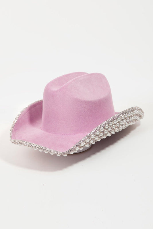 Fame Pave Rhinestone Pearl Trim Cowboy Hat - OMG! Rose