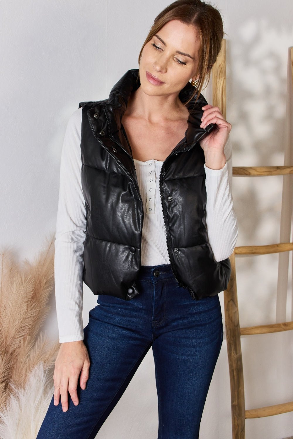 Faux Leather Snap and Zip Closure Vest Coat - OMG! Rose