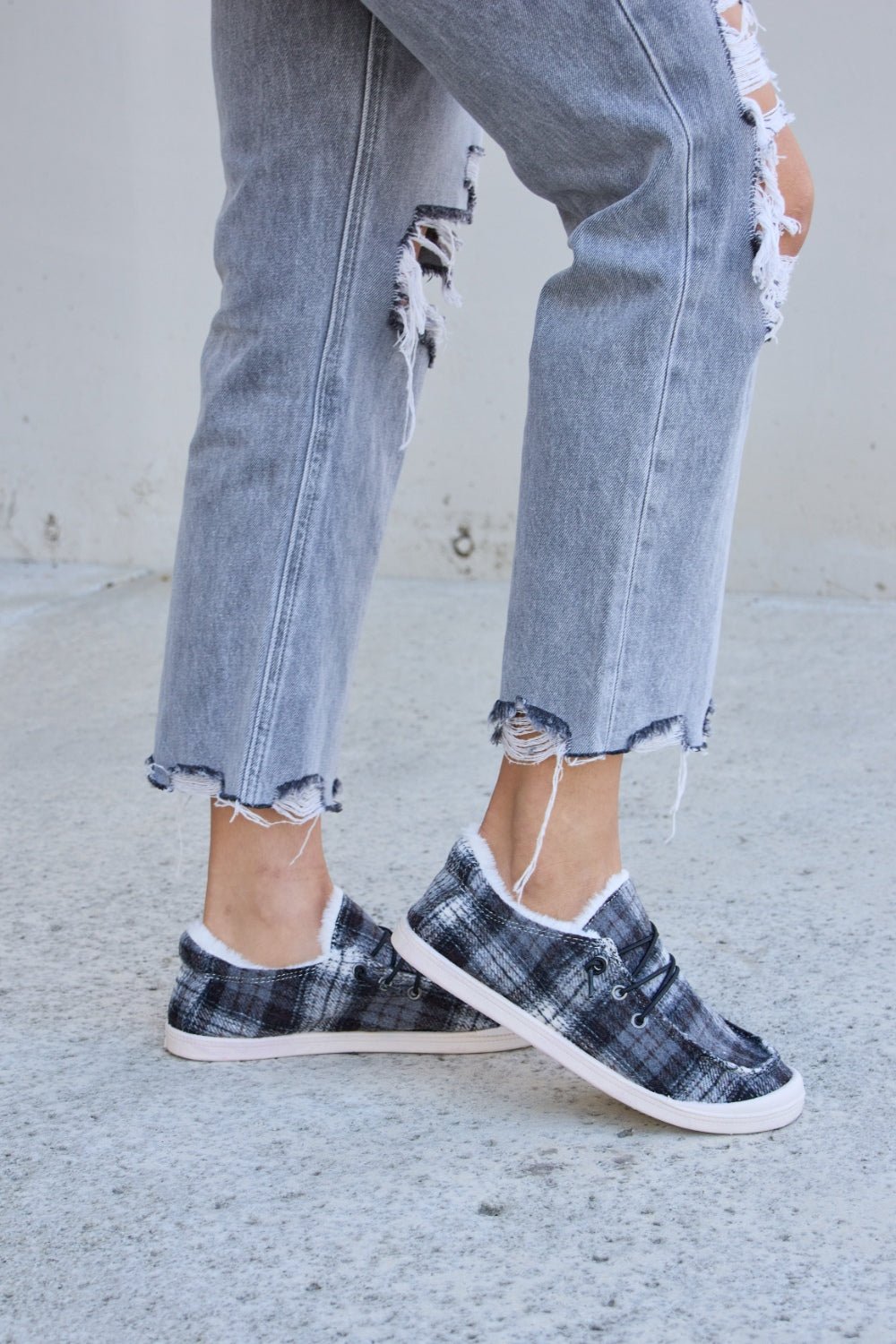 Forever Link Plaid Plush Flat Sneakers - OMG! Rose