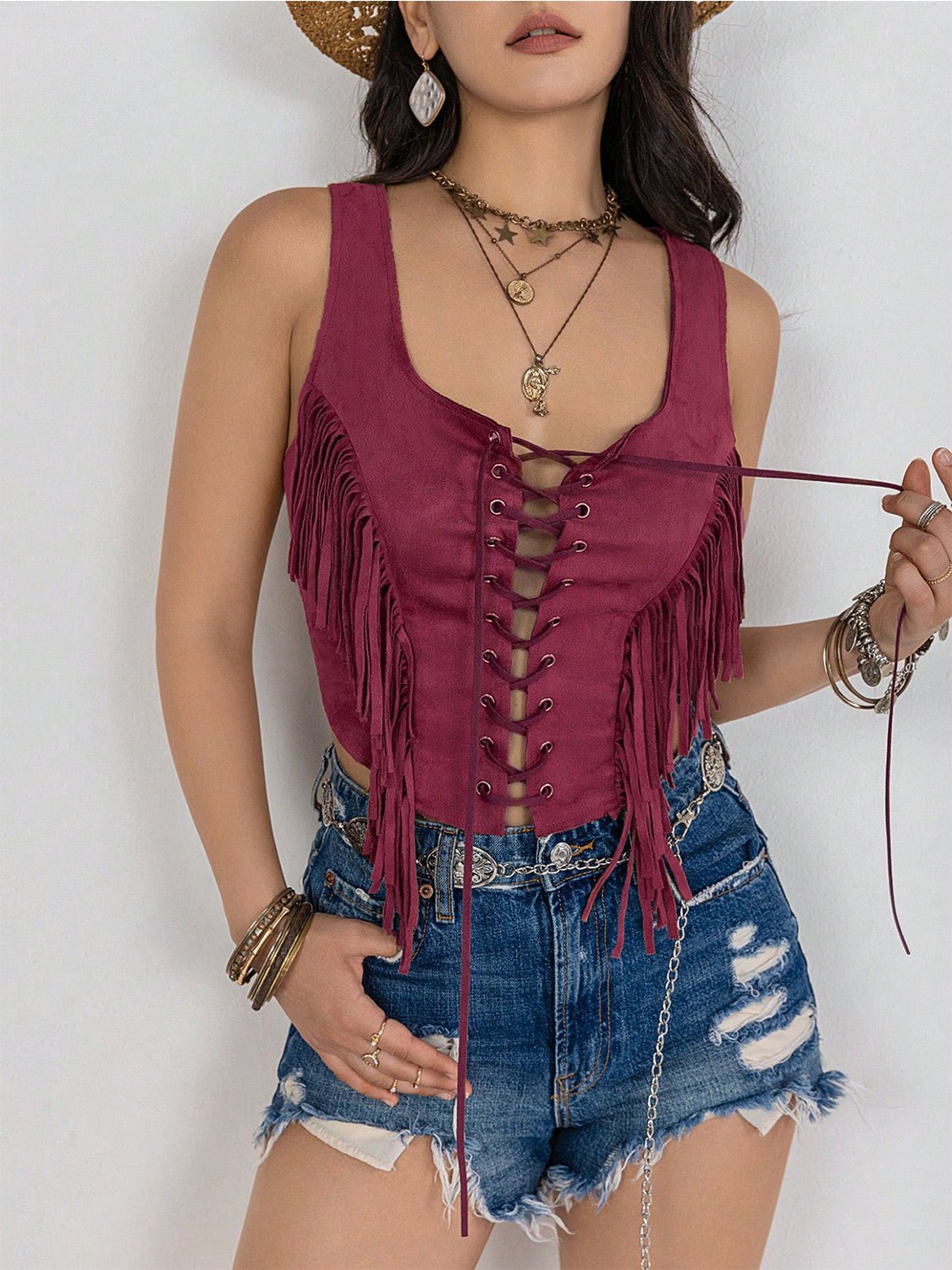 Fringe Lace - Up Vest - OMG! Rose