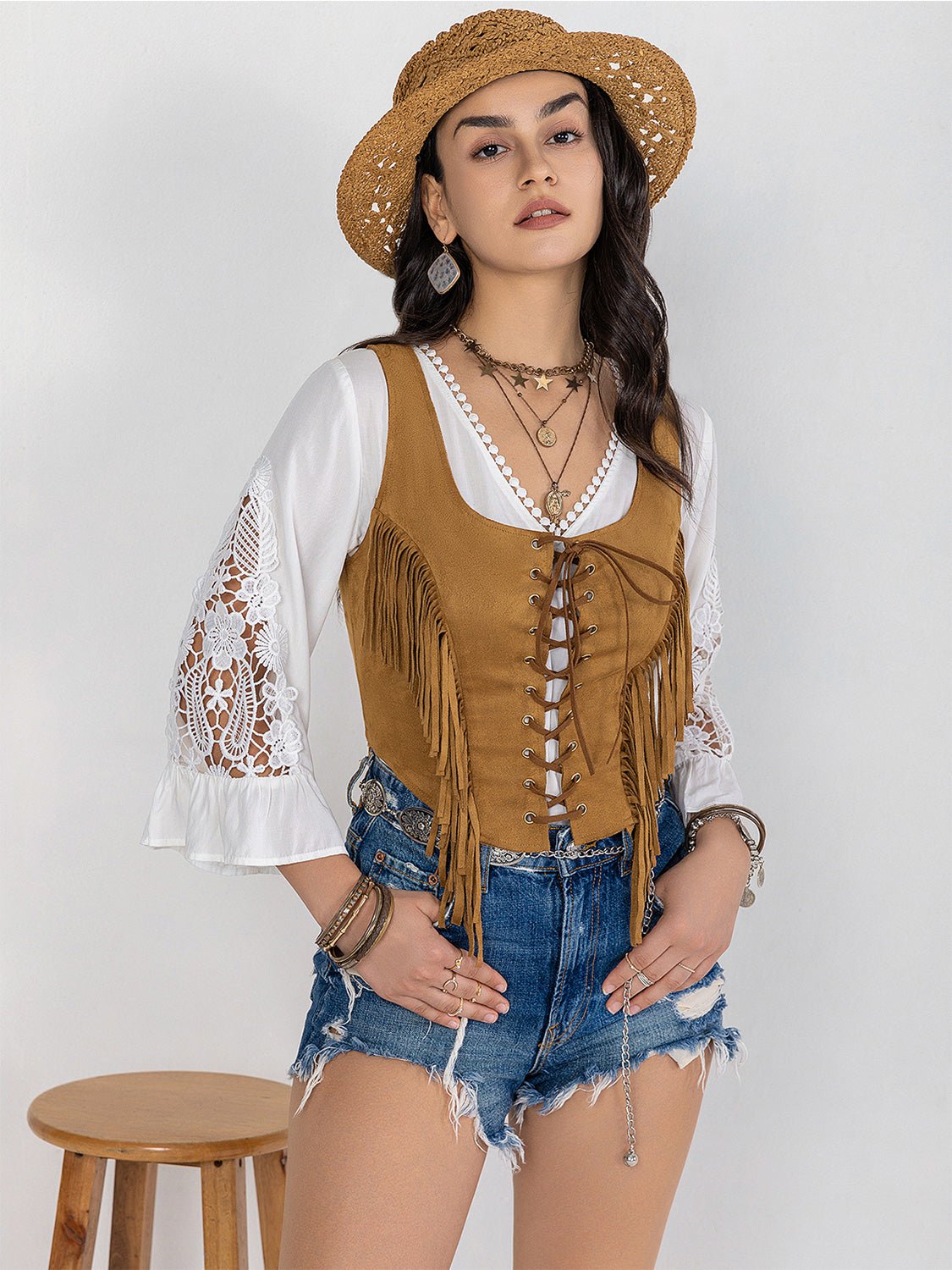 Fringe Lace - Up Vest - OMG! Rose