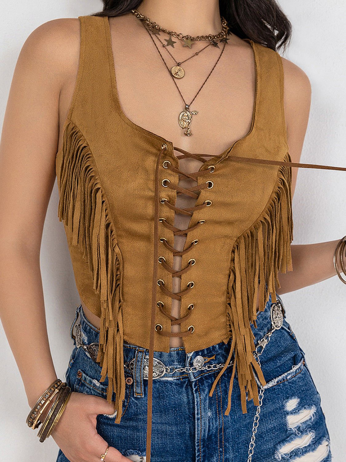 Fringe Lace - Up Vest - OMG! Rose