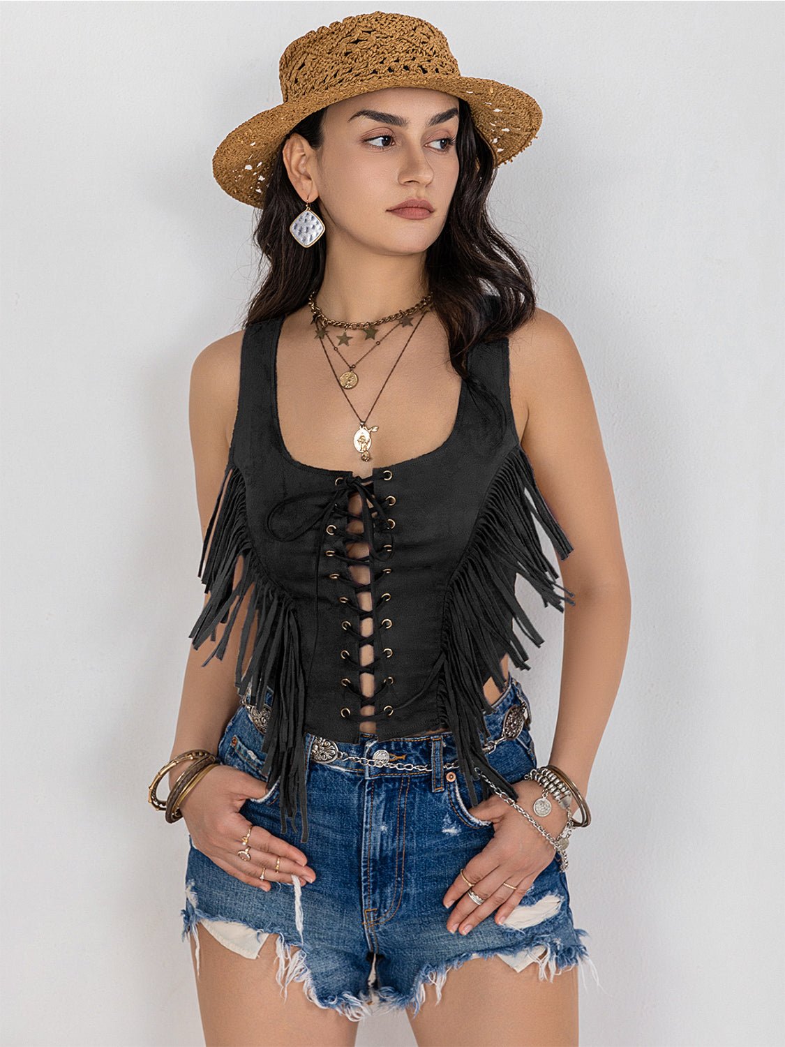 Fringe Lace - Up Vest - OMG! Rose