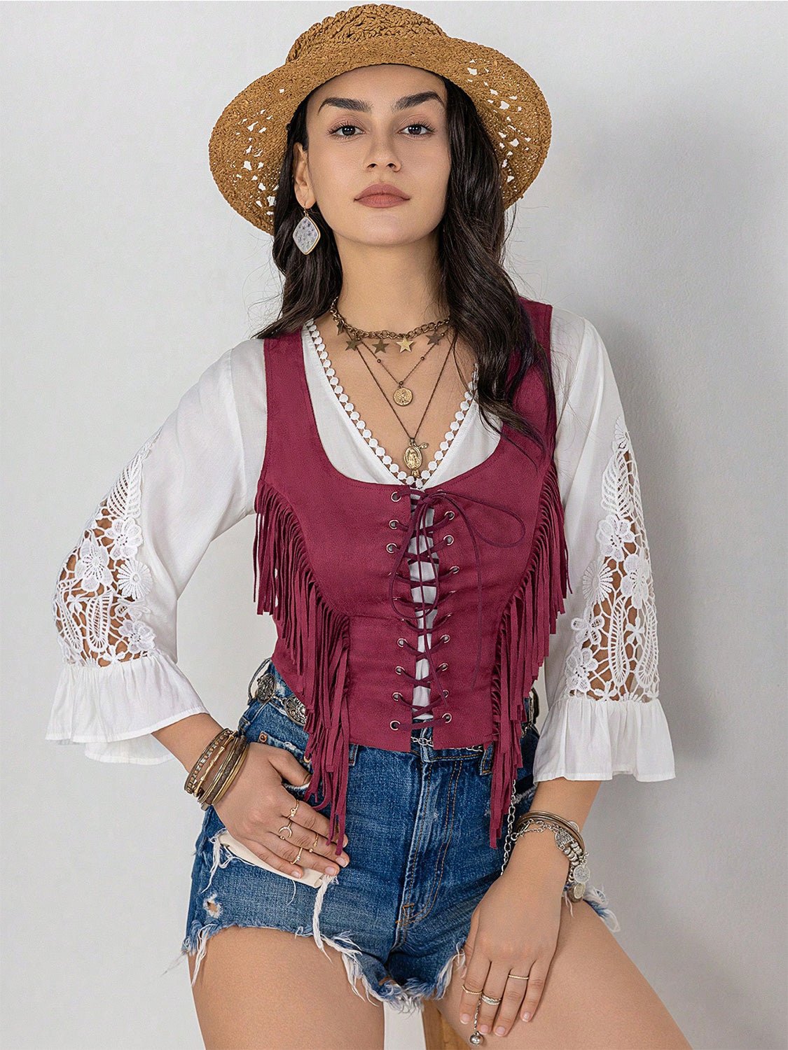 Fringe Lace - Up Vest - OMG! Rose