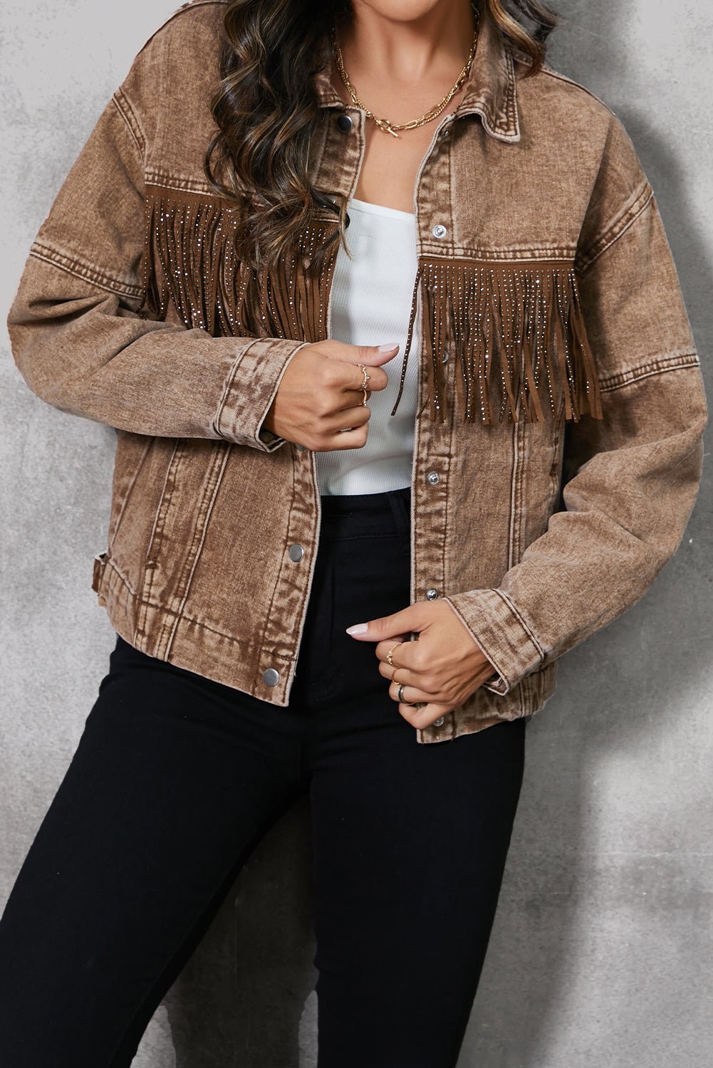 Fringe Trim Snap Down Denim Jacket - OMG! Rose