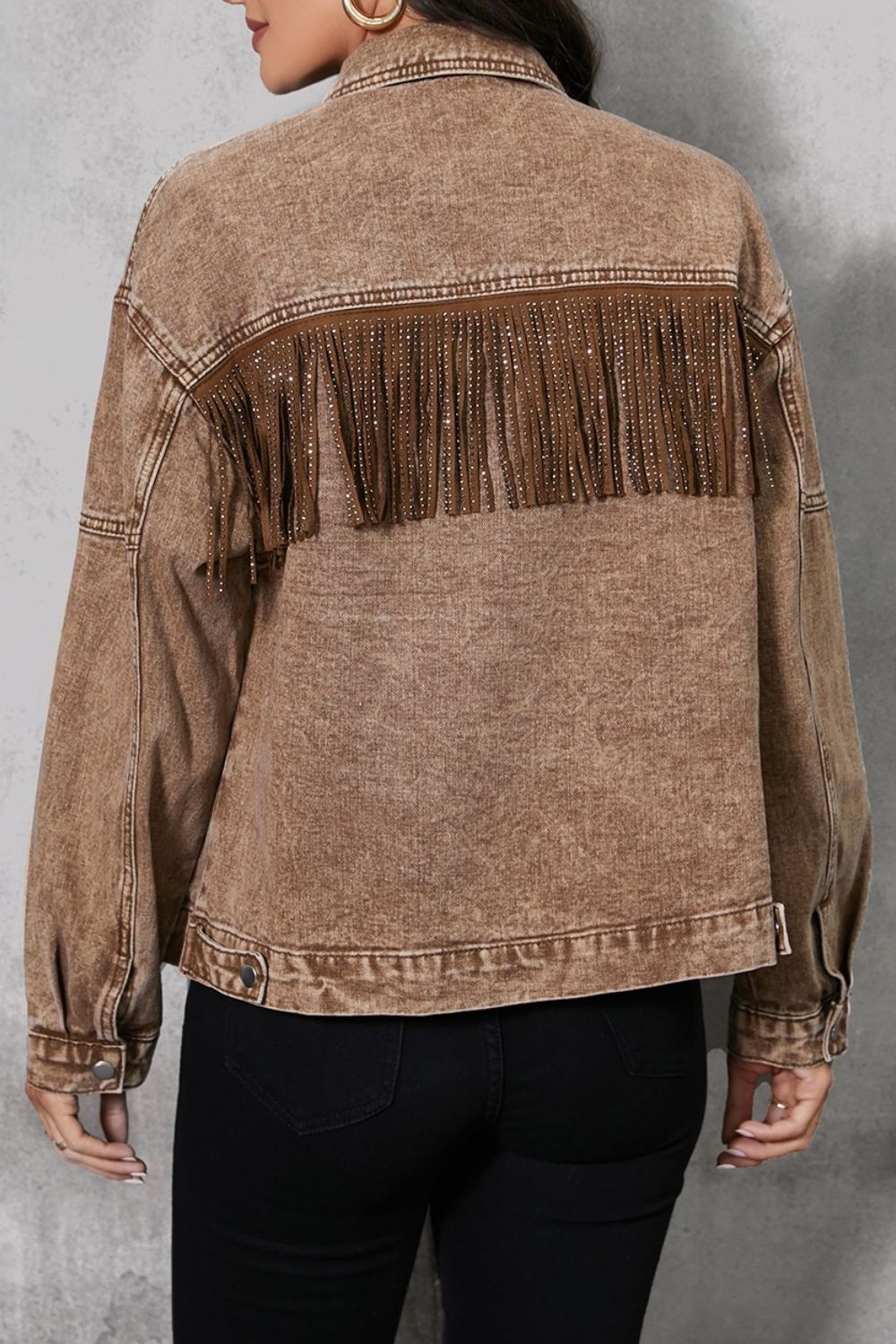 Fringe Trim Snap Down Denim Jacket - OMG! Rose