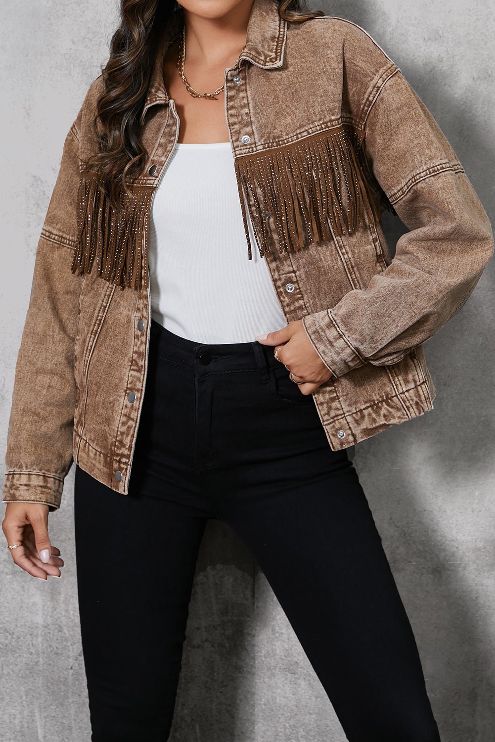 Fringe Trim Snap Down Denim Jacket - OMG! Rose